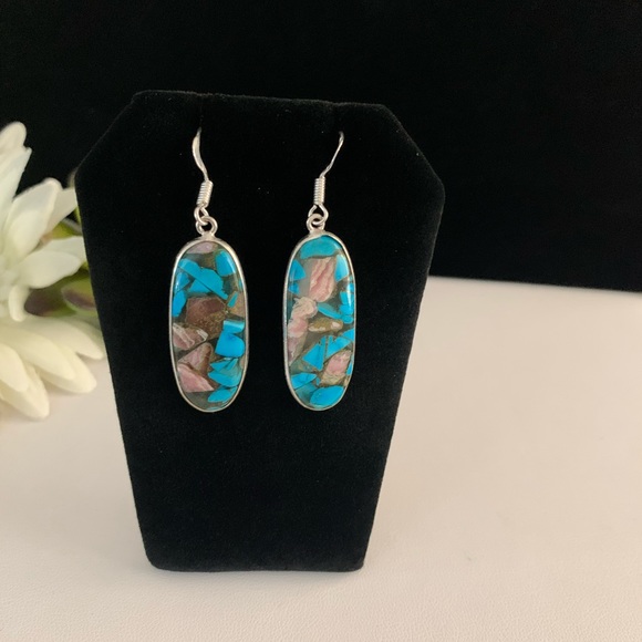Copper & Turquoise Mosaic Handmade Silver Drop Earrings - Picture 2 of 9